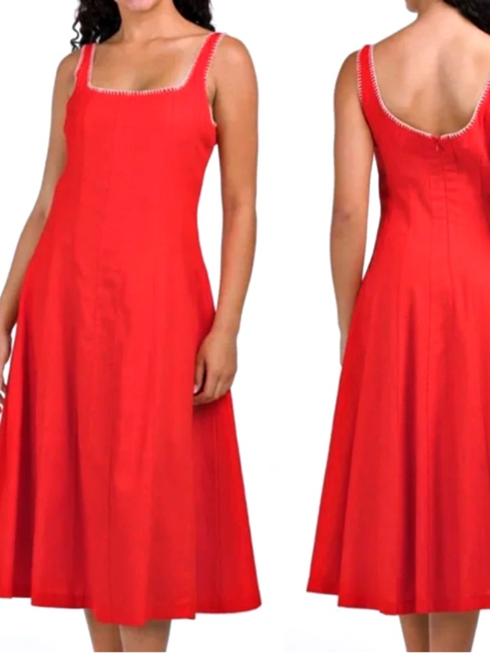 Caroline Constas Whipstitch Trim A-Line Linen Blend Midi Dress Cherry Red  SZ 10